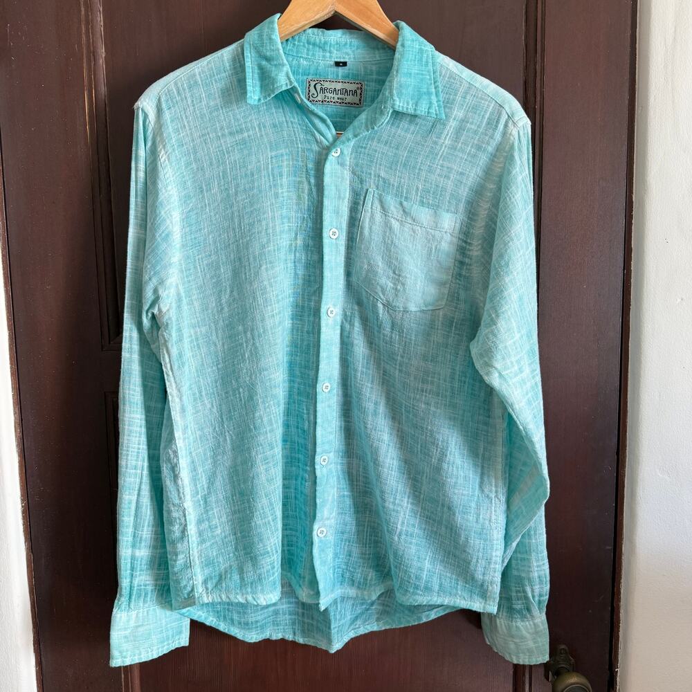 SARGANTANA | Cotton Teal and White Chambray Button Up Casual Shirt | Small